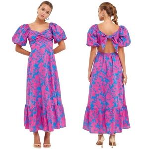 FREE THE ROSES FLORAL CUTOUT BLUE FUCHSIA PUFF SLEEVE COTTON MAXI DRESS